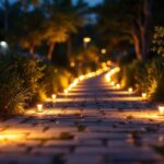 A photograph of a beautifully lit solar power walkway at dusk