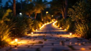 A photograph of a beautifully lit solar power walkway at dusk