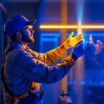 A photograph of a lighting contractor expertly installing vibrant led strip lighting in a modern interior space