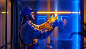 A photograph of a lighting contractor expertly installing vibrant led strip lighting in a modern interior space