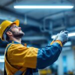 A photograph of a lighting contractor installing high lumen led lights in a commercial space