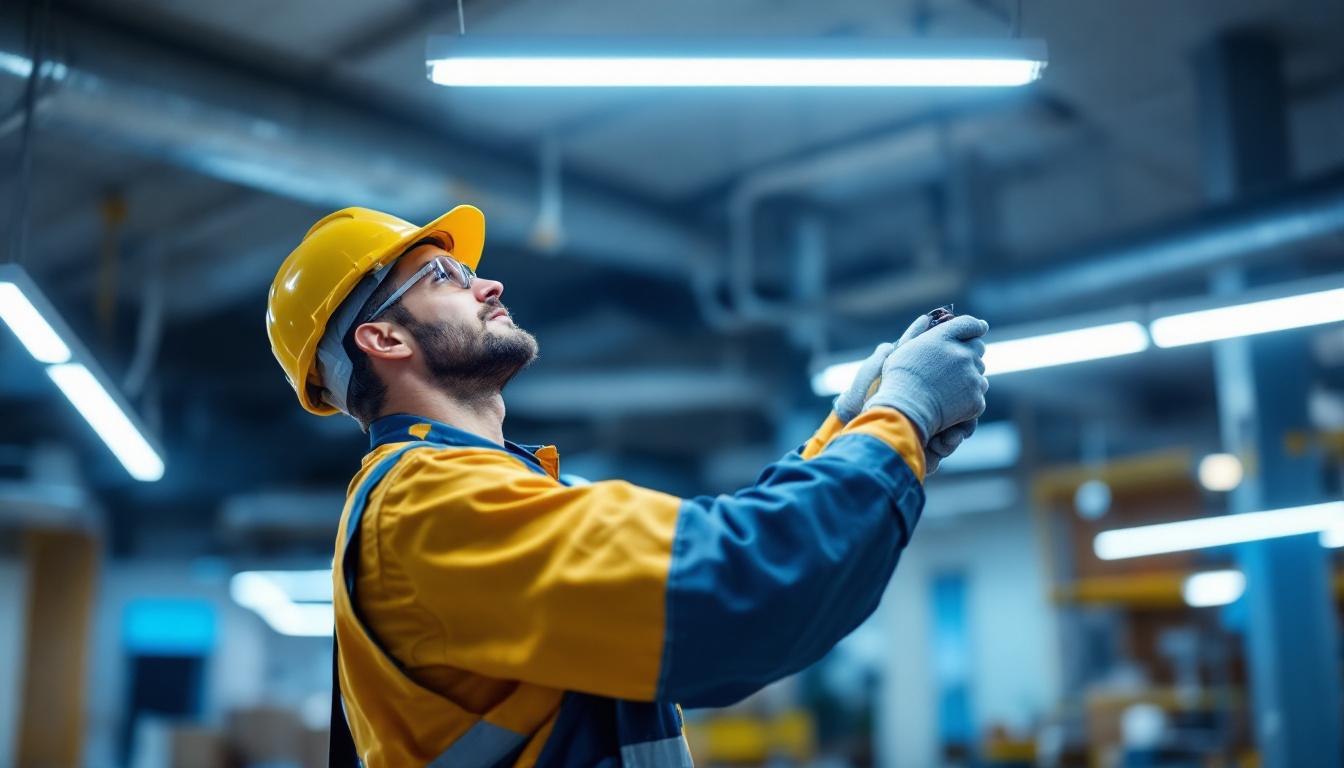 A photograph of a lighting contractor installing high lumen led lights in a commercial space