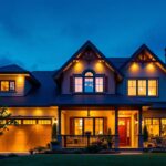 A photograph of a beautifully illuminated exterior roof of a home at dusk