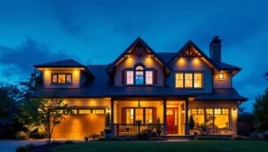 A photograph of a beautifully illuminated exterior roof of a home at dusk