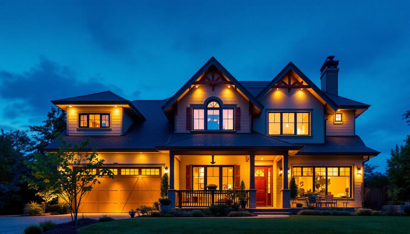 A photograph of a beautifully illuminated exterior roof of a home at dusk