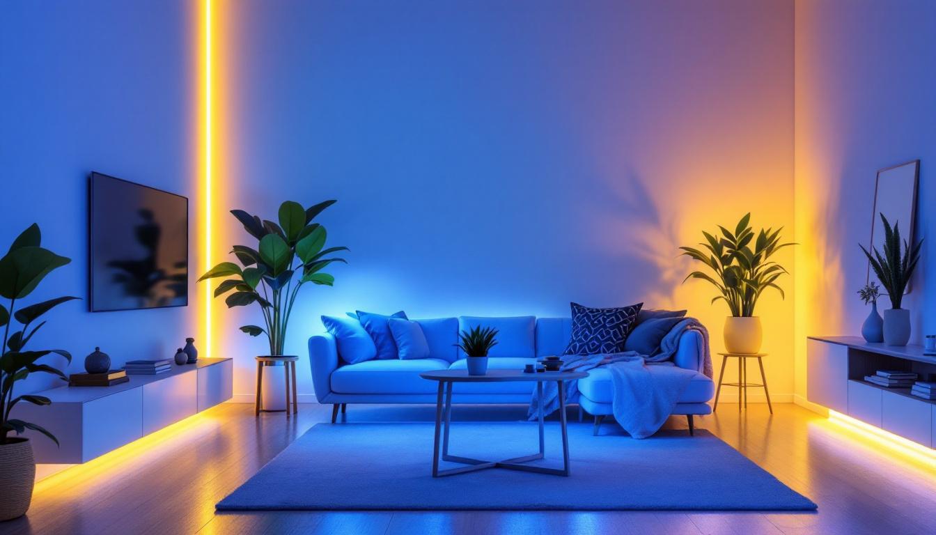 A photograph of a vibrant scene showcasing led flexible strip lights illuminating a modern living space