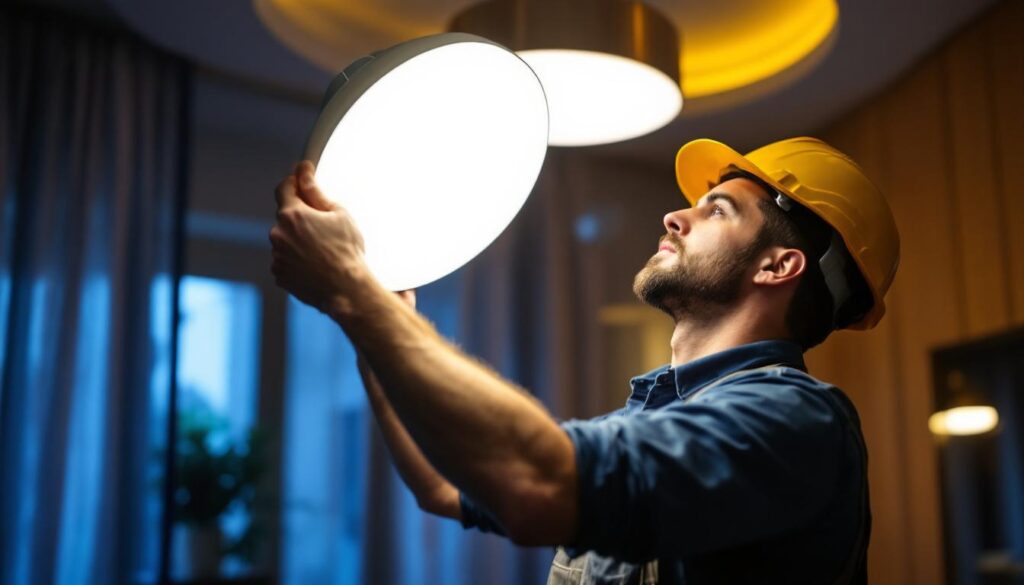 A photograph of a lighting contractor adjusting a dimmable led light fixture in a stylish interior setting