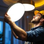 A photograph of a lighting contractor adjusting a dimmable led light fixture in a stylish interior setting