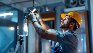 A photograph of a skilled lighting contractor at work