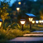 A photograph of a well-lit outdoor setting showcasing various styles of solar sensor lights installed in a garden or pathway