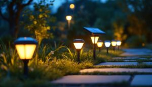 A photograph of a well-lit outdoor setting showcasing various styles of solar sensor lights installed in a garden or pathway