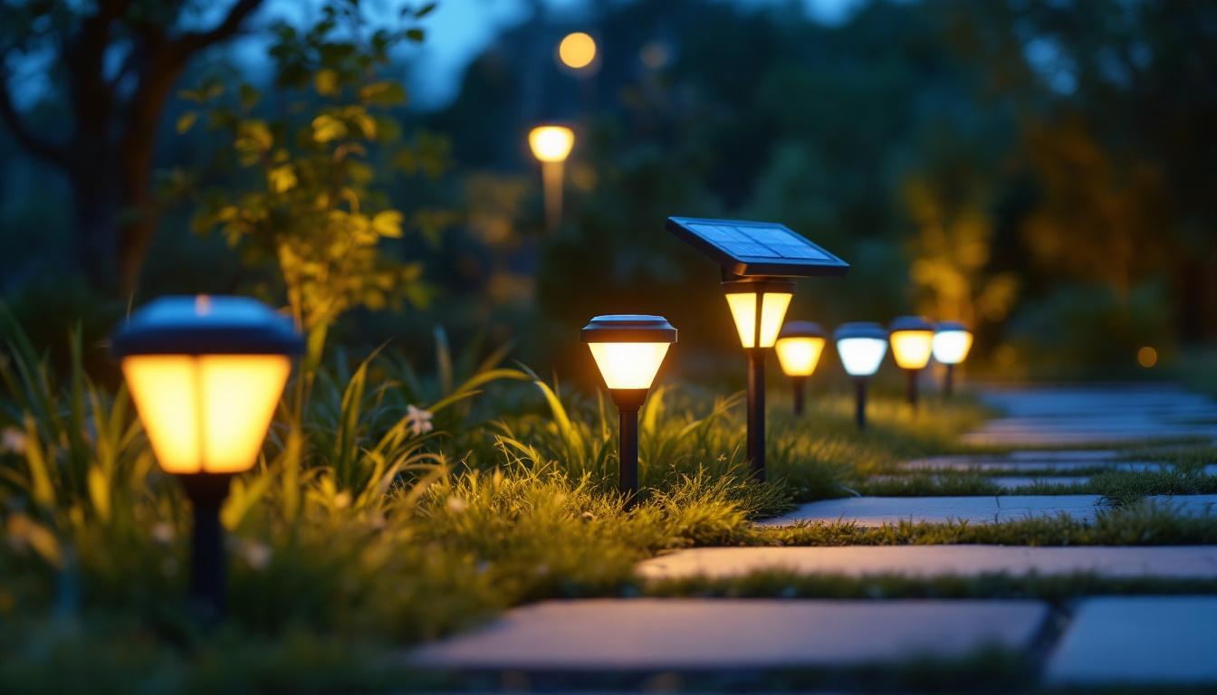 A photograph of a well-lit outdoor setting showcasing various styles of solar sensor lights installed in a garden or pathway