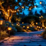 A photograph of a beautifully lit outdoor setting at dusk featuring a variety of solar lanterns illuminating pathways and garden areas