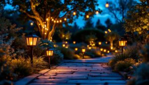 A photograph of a beautifully lit outdoor setting at dusk featuring a variety of solar lanterns illuminating pathways and garden areas