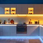 A photograph of a beautifully designed kitchen featuring stylish led-lit cabinets