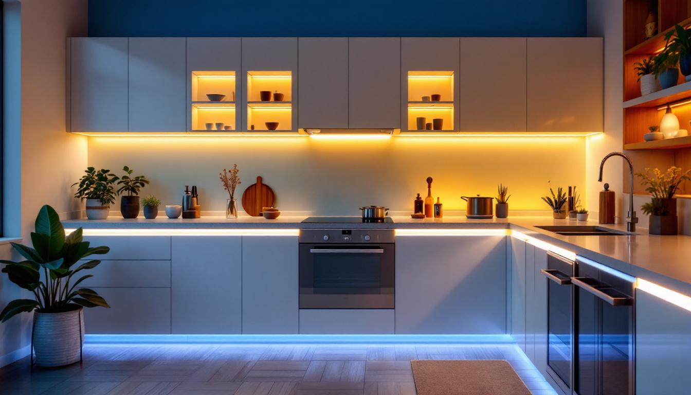 A photograph of a beautifully designed kitchen featuring stylish led-lit cabinets