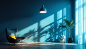 A photograph of a stylish room featuring a modern ceiling lamp