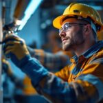 A photograph of a lighting contractor at work