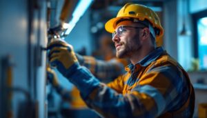 A photograph of a lighting contractor at work