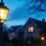 A photograph of a beautifully illuminated white outdoor lamp post in a residential setting during twilight