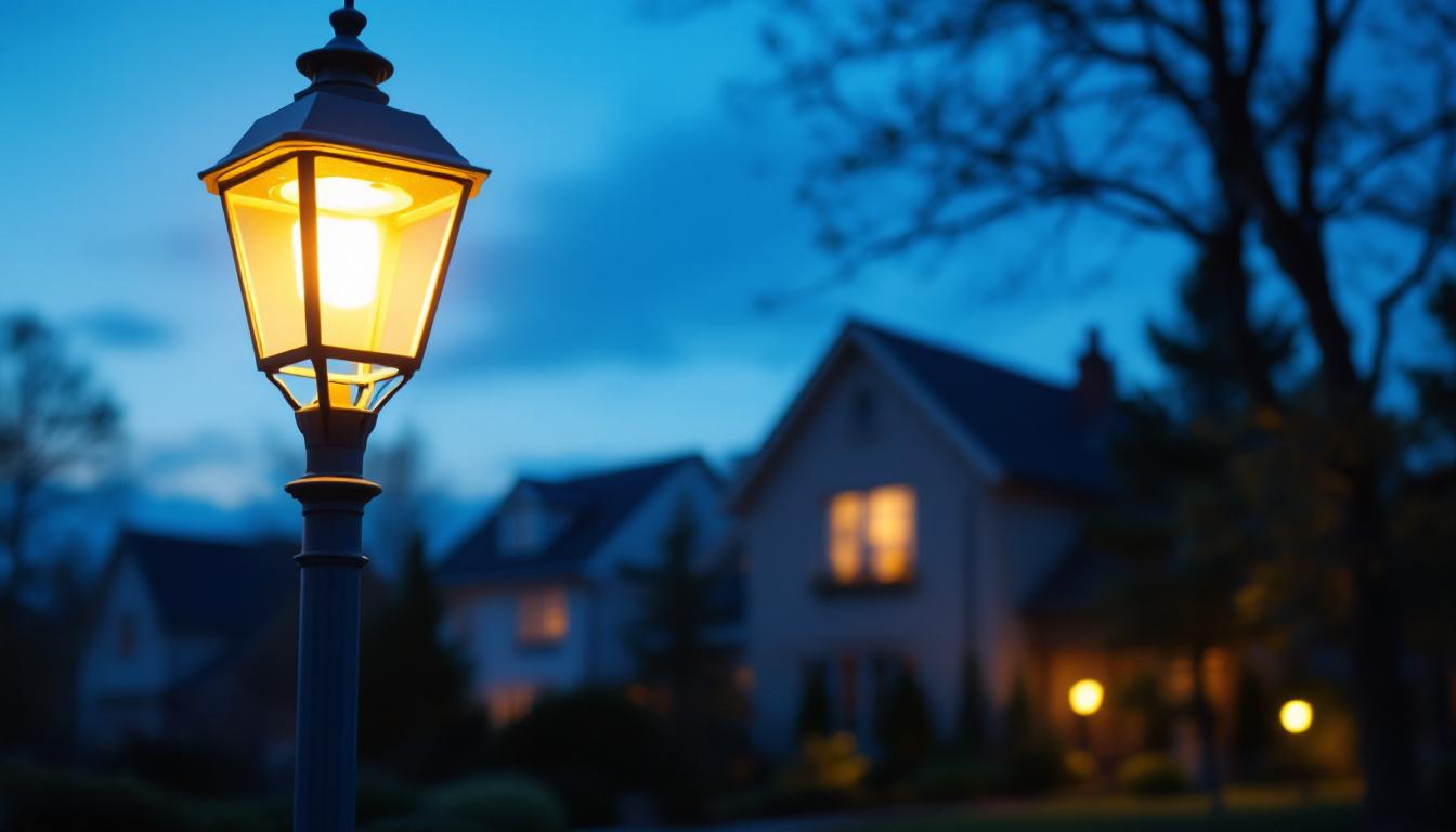 A photograph of a beautifully illuminated white outdoor lamp post in a residential setting during twilight