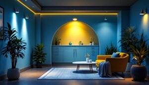 A photograph of a beautifully lit basement featuring stylish pot lights