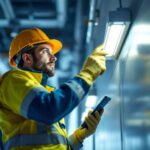 A photograph of a lighting contractor inspecting and installing commercial emergency lights in a commercial building setting