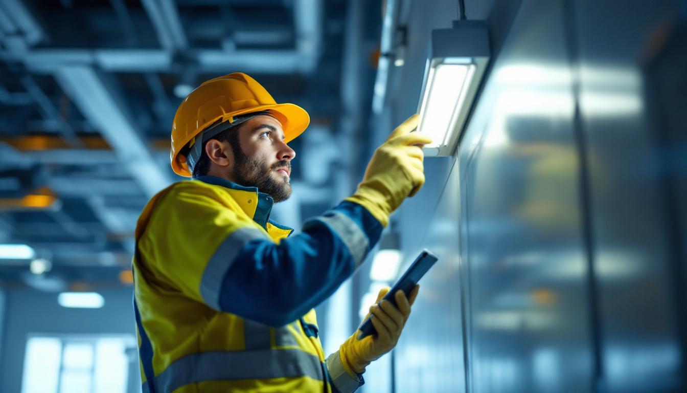 A photograph of a lighting contractor inspecting and installing commercial emergency lights in a commercial building setting