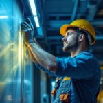 A photograph of a professional lighting contractor in action