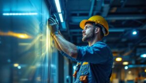 A photograph of a professional lighting contractor in action