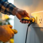 A photograph of a lighting contractor installing a plug and switch outlet in a modern residential setting