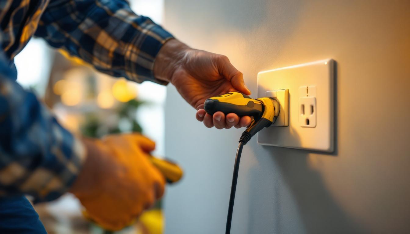 A photograph of a lighting contractor installing a plug and switch outlet in a modern residential setting