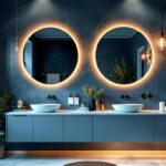 A photograph of a beautifully styled bathroom featuring a variety of elegant light fixtures