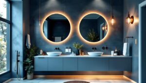 A photograph of a beautifully styled bathroom featuring a variety of elegant light fixtures