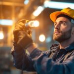 A photograph of a skilled lighting contractor in action