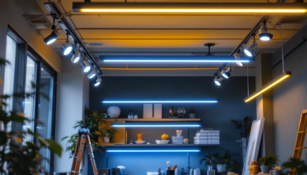 A photograph of a well-lit interior space showcasing modern led track lighting strips in various configurations