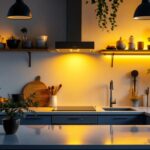 A photograph of a beautifully designed kitchen featuring modern can lights
