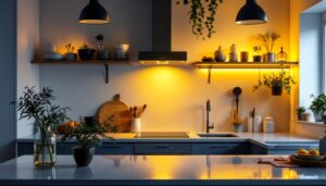 A photograph of a beautifully designed kitchen featuring modern can lights