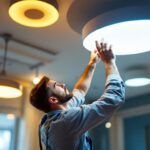 A photograph of a lighting contractor expertly installing modern ceiling fixtures in a well-lit room