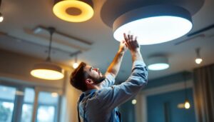 A photograph of a lighting contractor expertly installing modern ceiling fixtures in a well-lit room