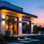 A photograph of a modern outdoor space illuminated by sleek