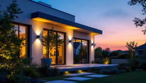 A photograph of a modern outdoor space illuminated by sleek