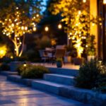 A photograph of a beautifully illuminated outdoor space featuring accent solar lights in action