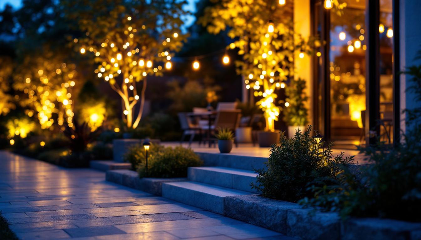 A photograph of a beautifully illuminated outdoor space featuring accent solar lights in action