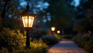 A photograph of a beautifully designed outside post light illuminating a pathway or garden setting at dusk