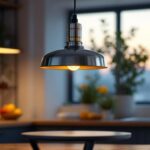 A photograph of a stylish stainless steel hanging lamp in a well-lit