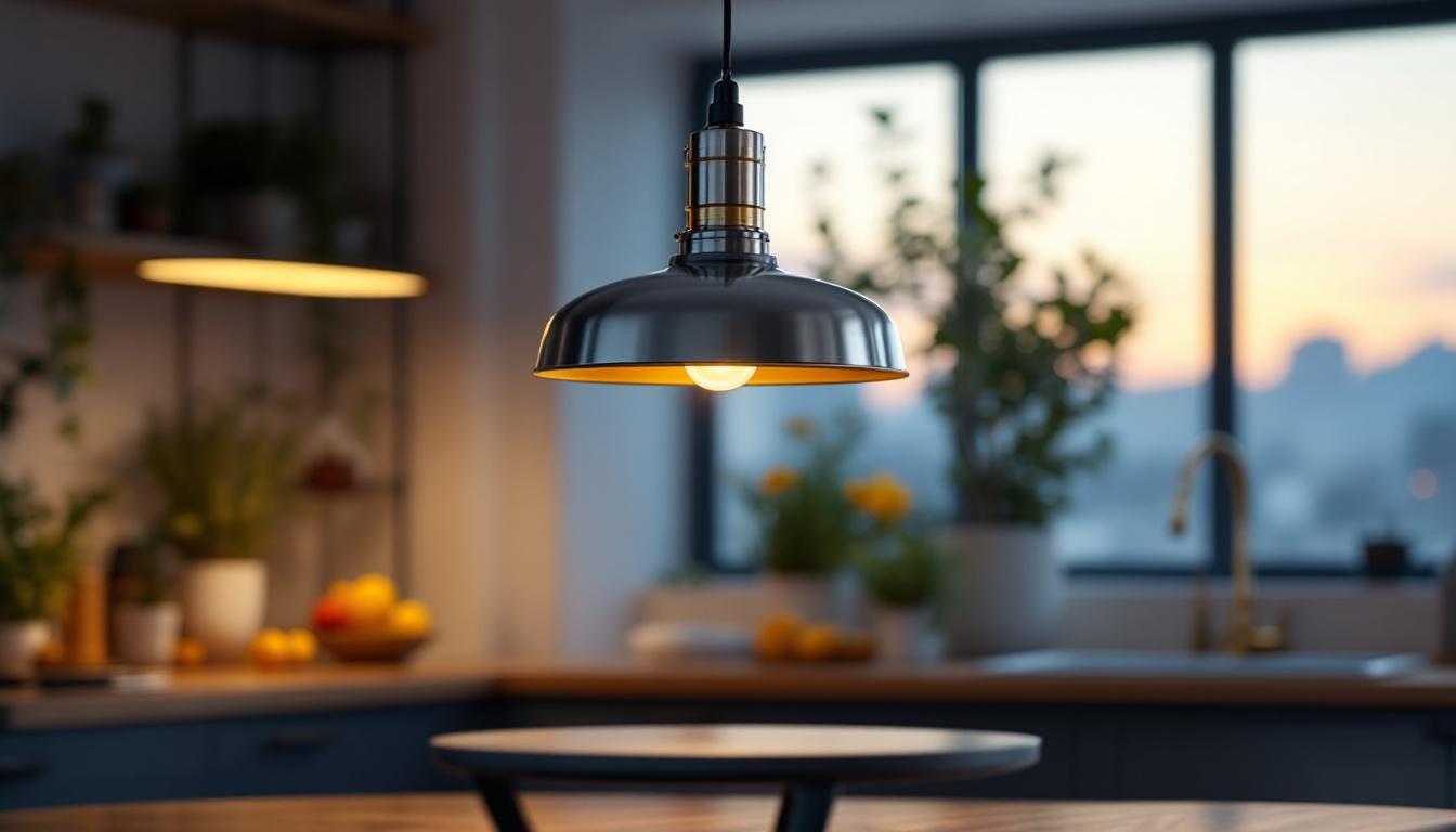 A photograph of a stylish stainless steel hanging lamp in a well-lit