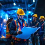 A photograph of a well-lit construction site or a contractor reviewing lighting plans with a team