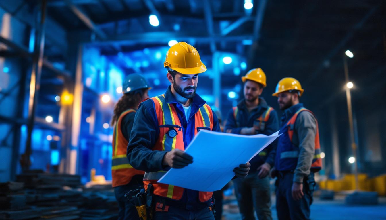 A photograph of a well-lit construction site or a contractor reviewing lighting plans with a team