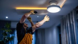 A photograph of a lighting contractor installing led recessed dimmable lights in a modern home setting